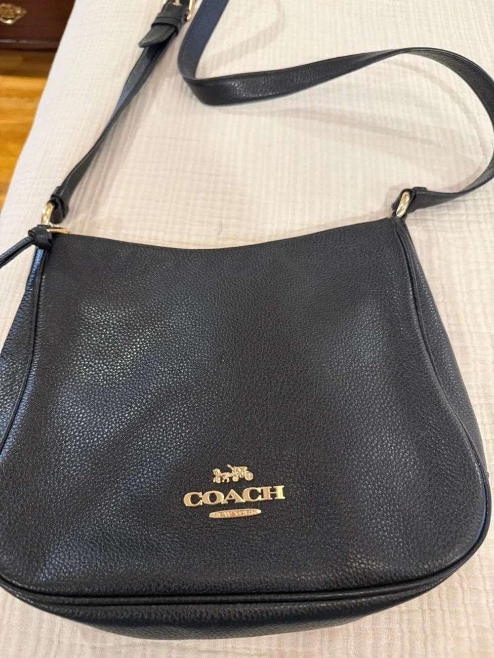 Coach Black Pebbled Leather Shoulder Bag with Gold Logo
